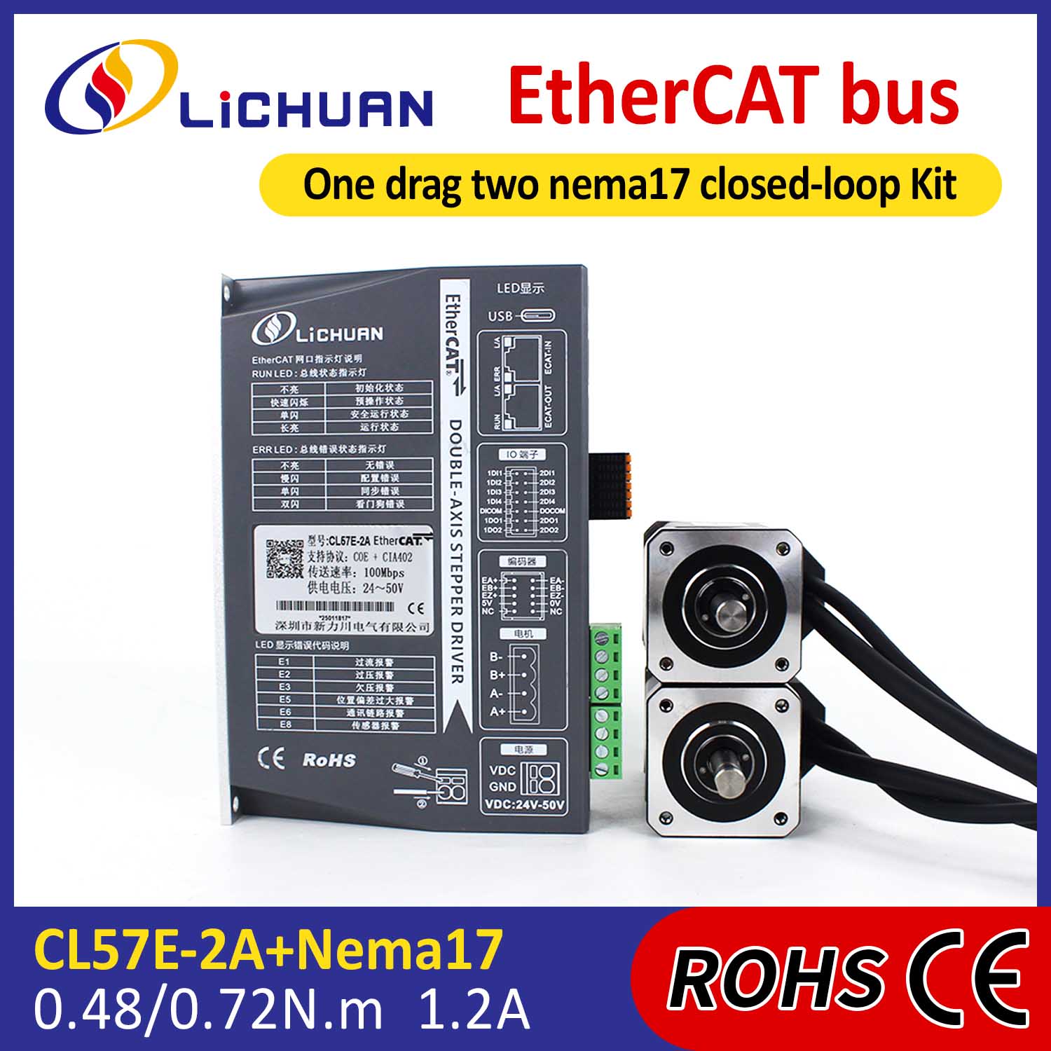 EtherCAT 2 fázisú Nema17 2 tengelyes DC zárt hurkú léptetőmotor meghajtókészlet