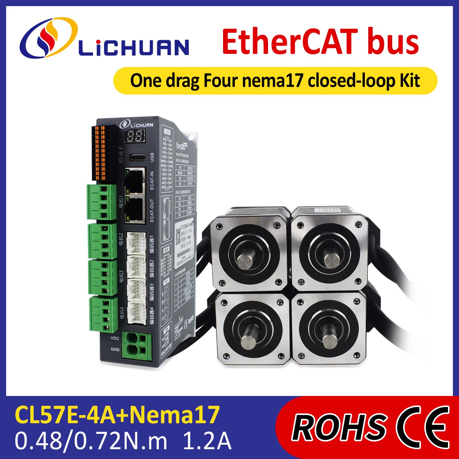 EtherCAT 2 fázisú Nema17 4 tengelyes DC zárt hurkú léptetőmotor meghajtókészlet