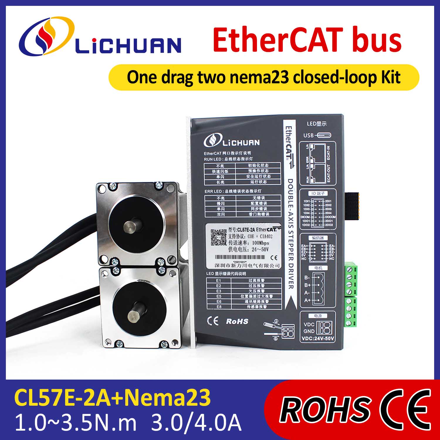 EtherCAT 2 fázisú Nema23 2 tengelyes DC zárt hurkú léptetőmotor meghajtókészlet