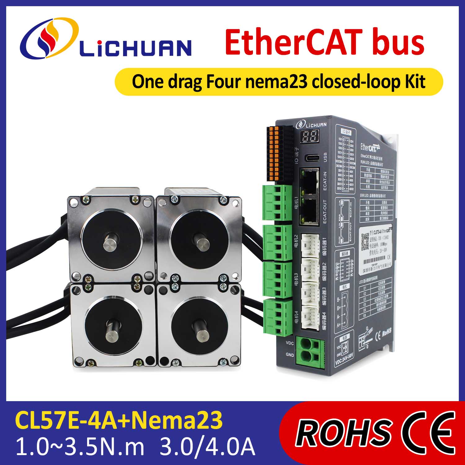 EtherCAT 2 fázisú Nema23 4 tengelyes DC zárt hurkú léptetőmotor meghajtókészlet