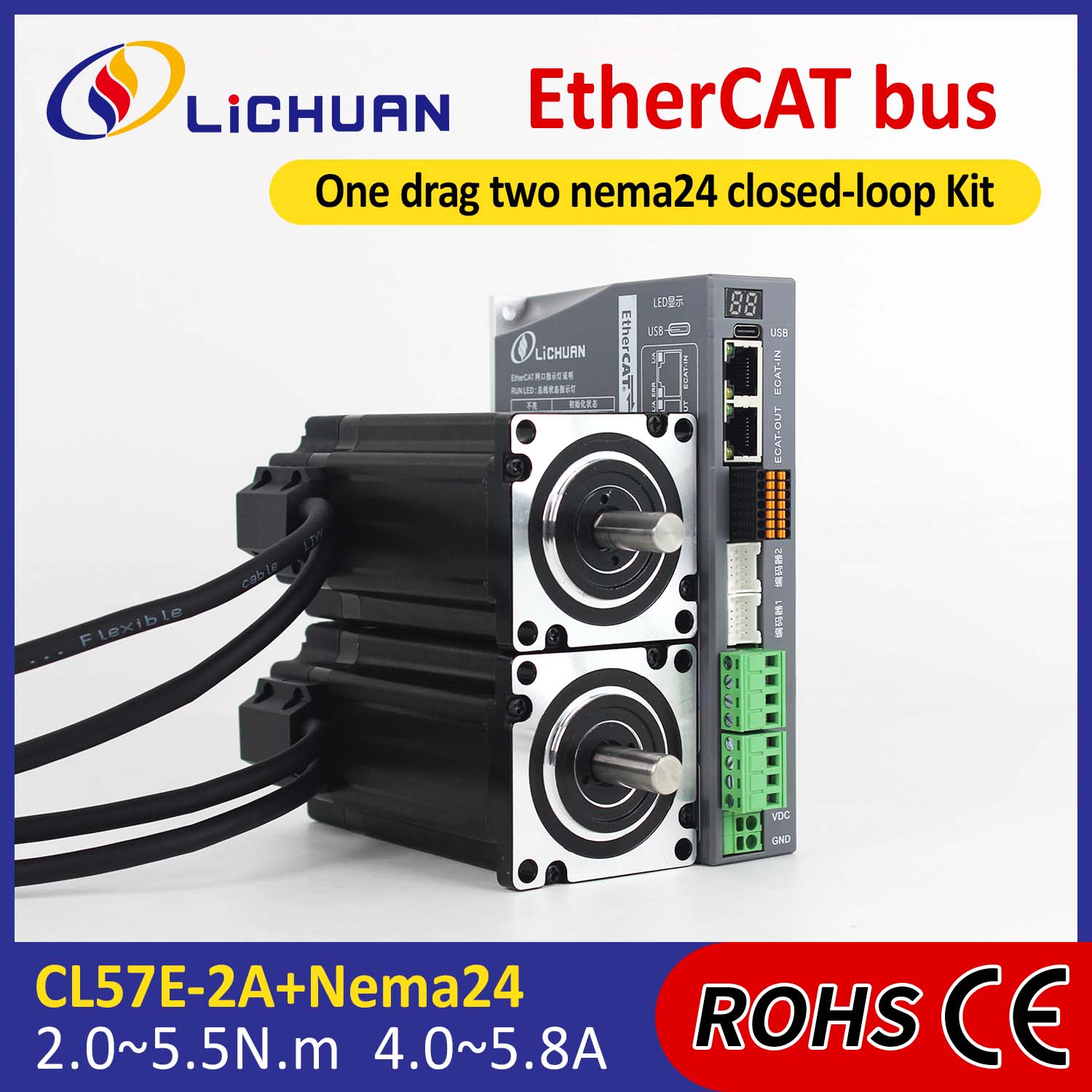 EtherCAT 2 fázisú Nema24 2 tengelyes DC zárt hurkú léptetőmotor meghajtókészlet