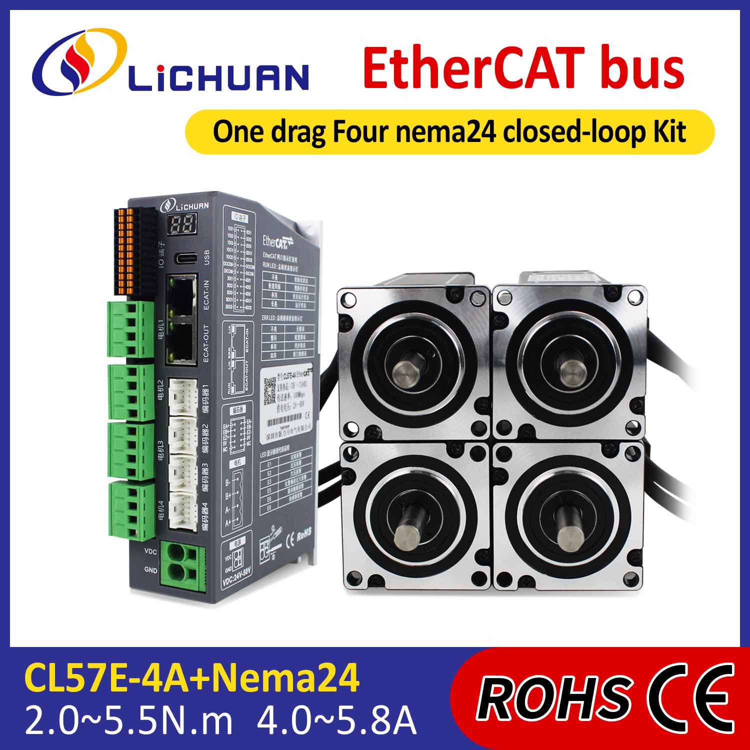 EtherCAT 2 fázisú Nema24 4 tengelyes DC zárt hurkú léptetőmotor meghajtókészlet