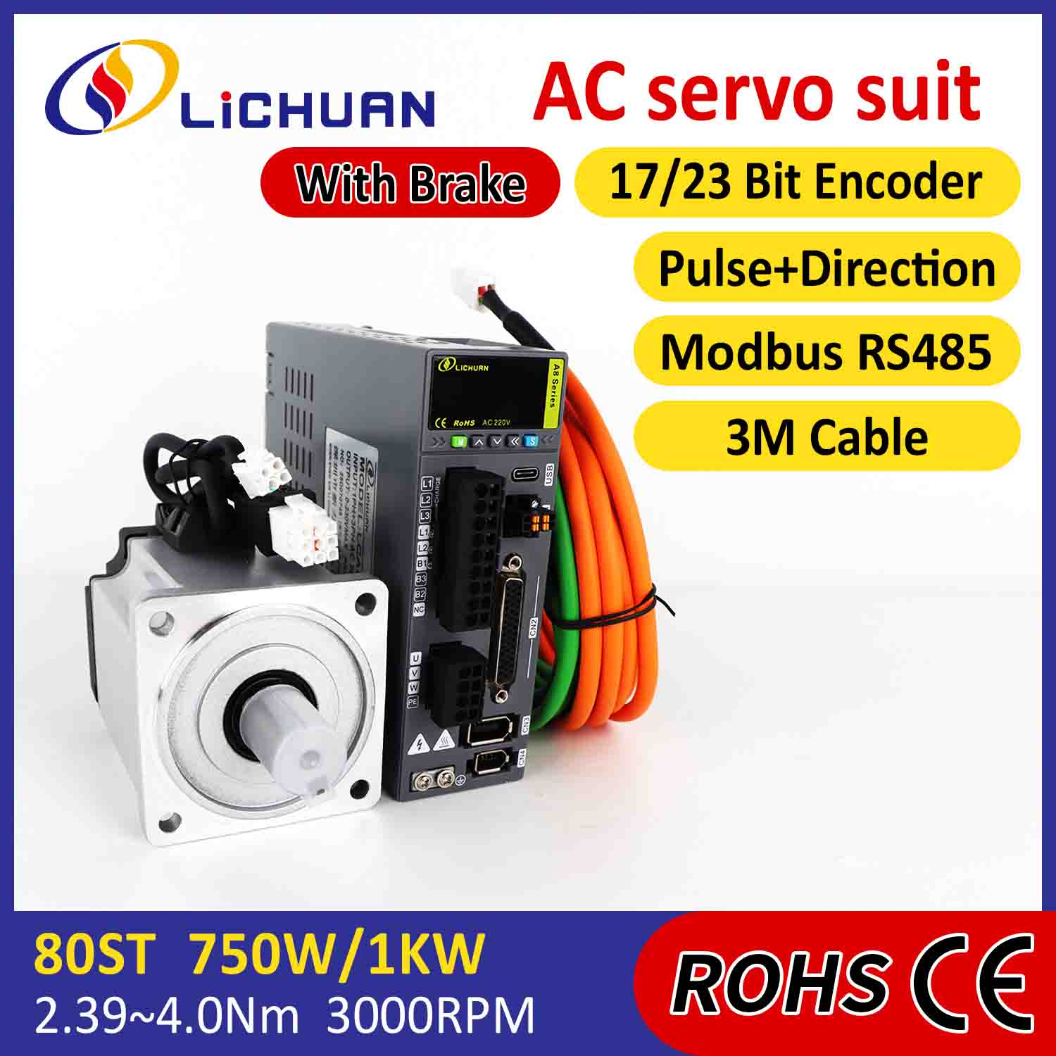 Lichuan AC szervomotor meghajtókészlet A8 Nagy pontosságú STO ABZ 1001W 1KW 4.0N.m 220V 4.6A 2500/3000RPM IP65