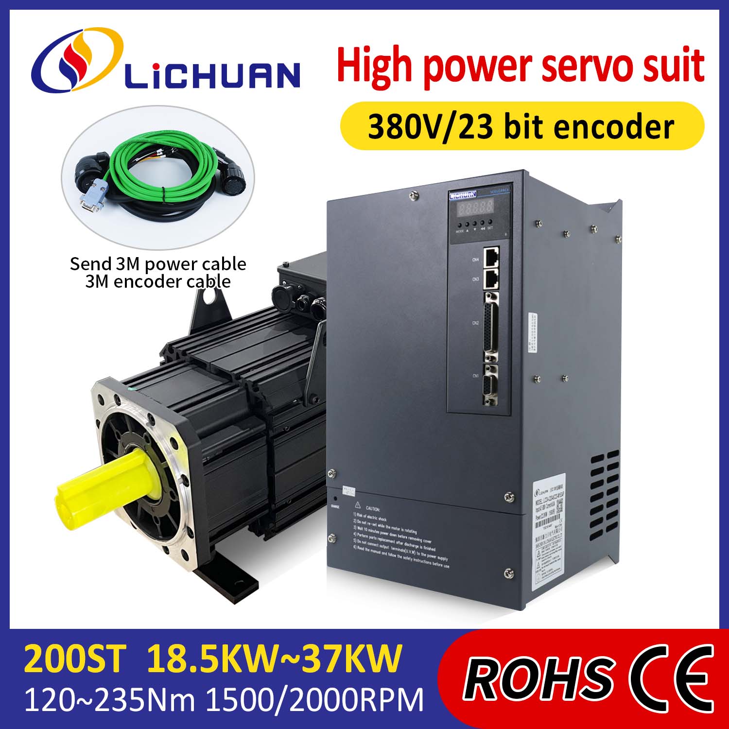 Lichuan AC szervomotor meghajtókészlet NAGY TELJESÍTMÉNY 140N.m 22KW AC380V 44.7A 1500/2000RPM IP65