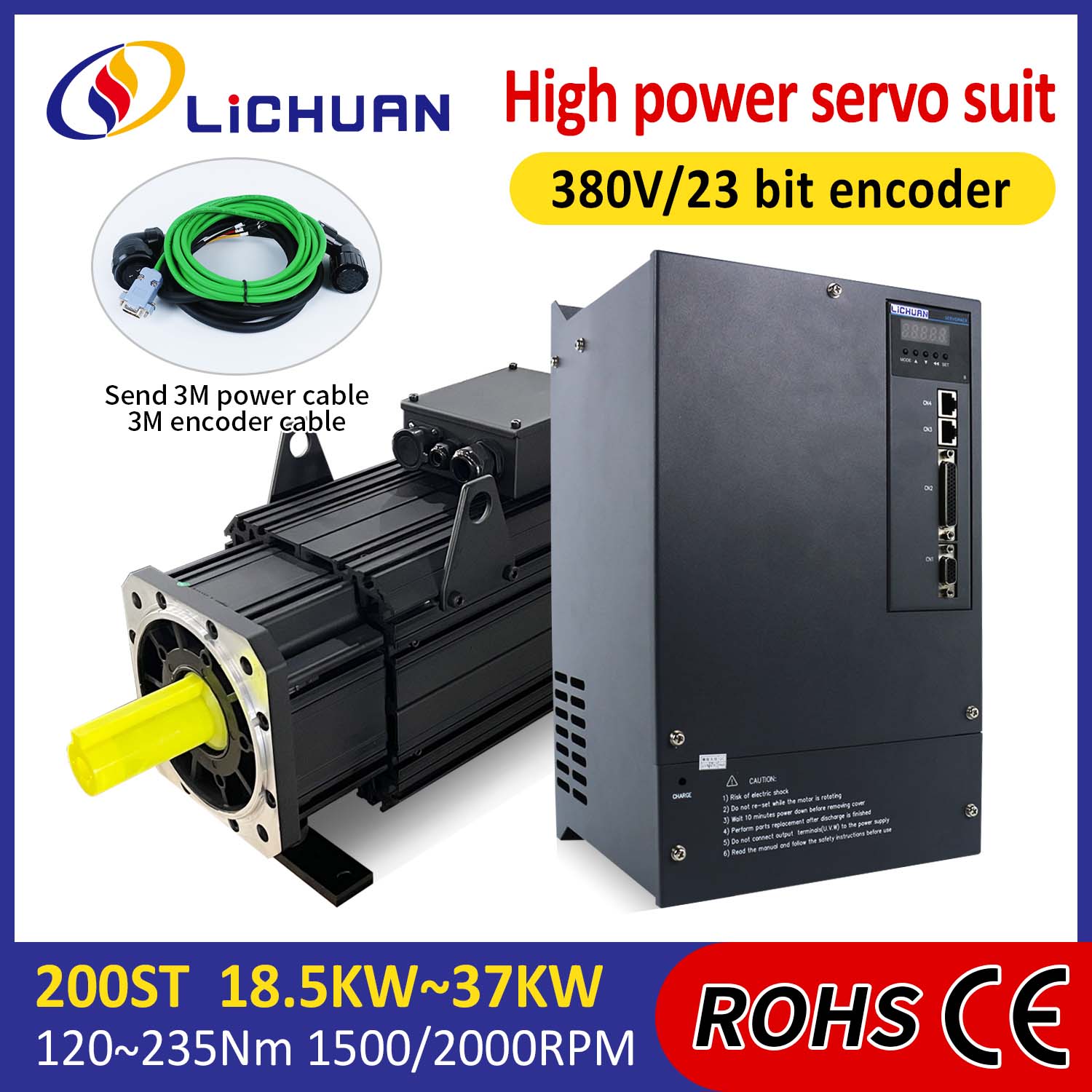 Lichuan AC szervomotor meghajtókészlet NAGY TELJESÍTMÉNY 191N.m 30KW AC380V 52A 1500/2000RPM IP65