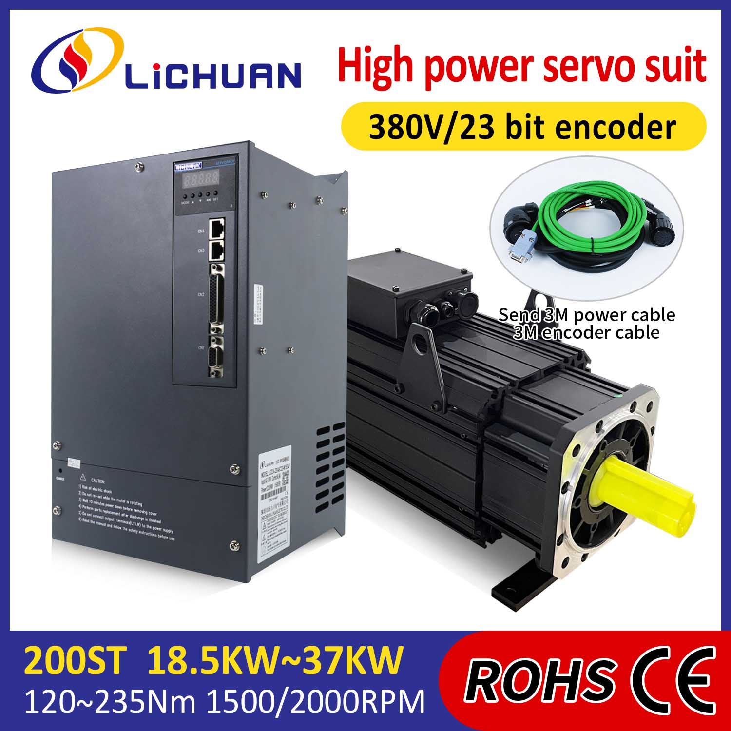 Lichuan AC szervomotor meghajtókészlet NAGY TELJESÍTMÉNY 235N.m 37KW AC380V 73A 1500/2000RPM IP65
