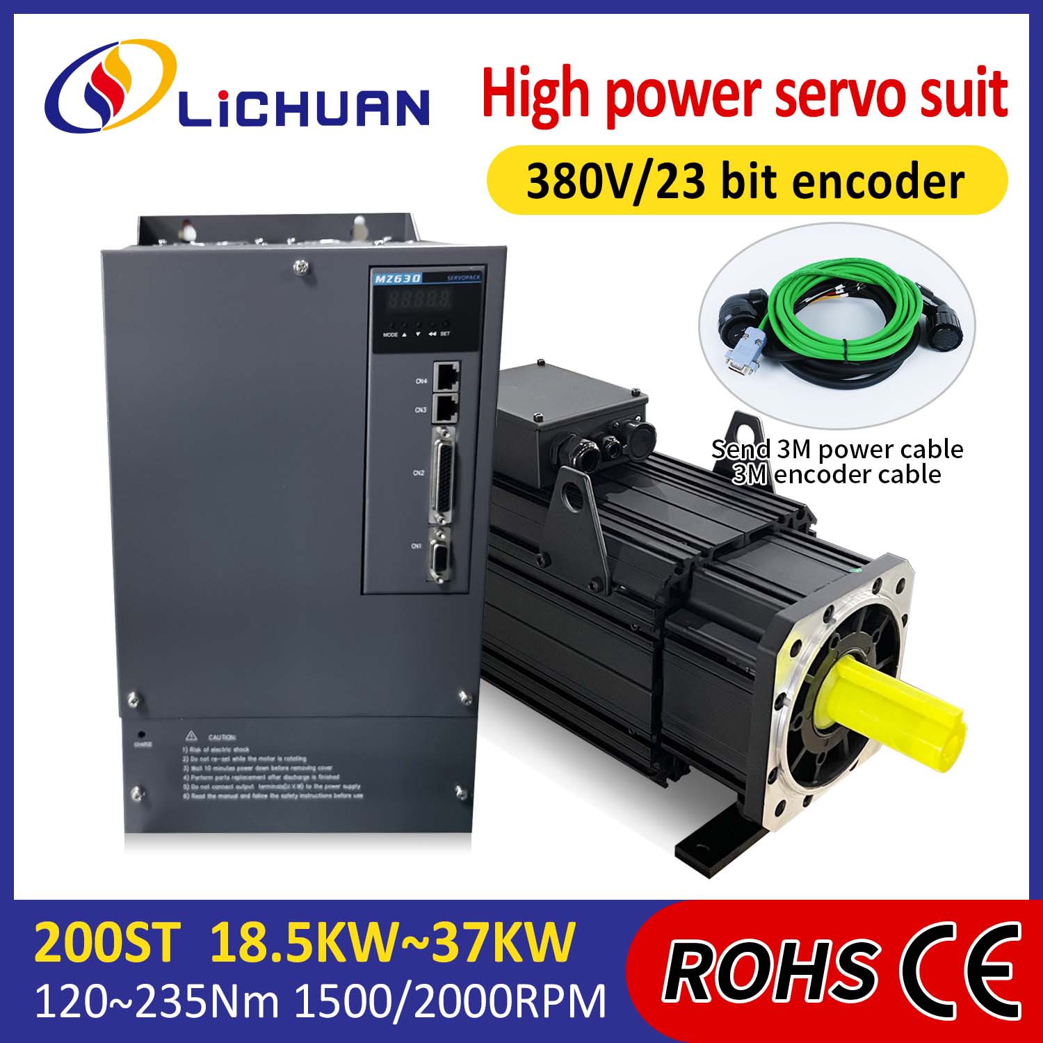 Lichuan AC szervomotor meghajtókészlet NAGY TELJESÍTMÉNY 88N.m 18.5KW AC380V 31.6A 1500/2000RPM IP65