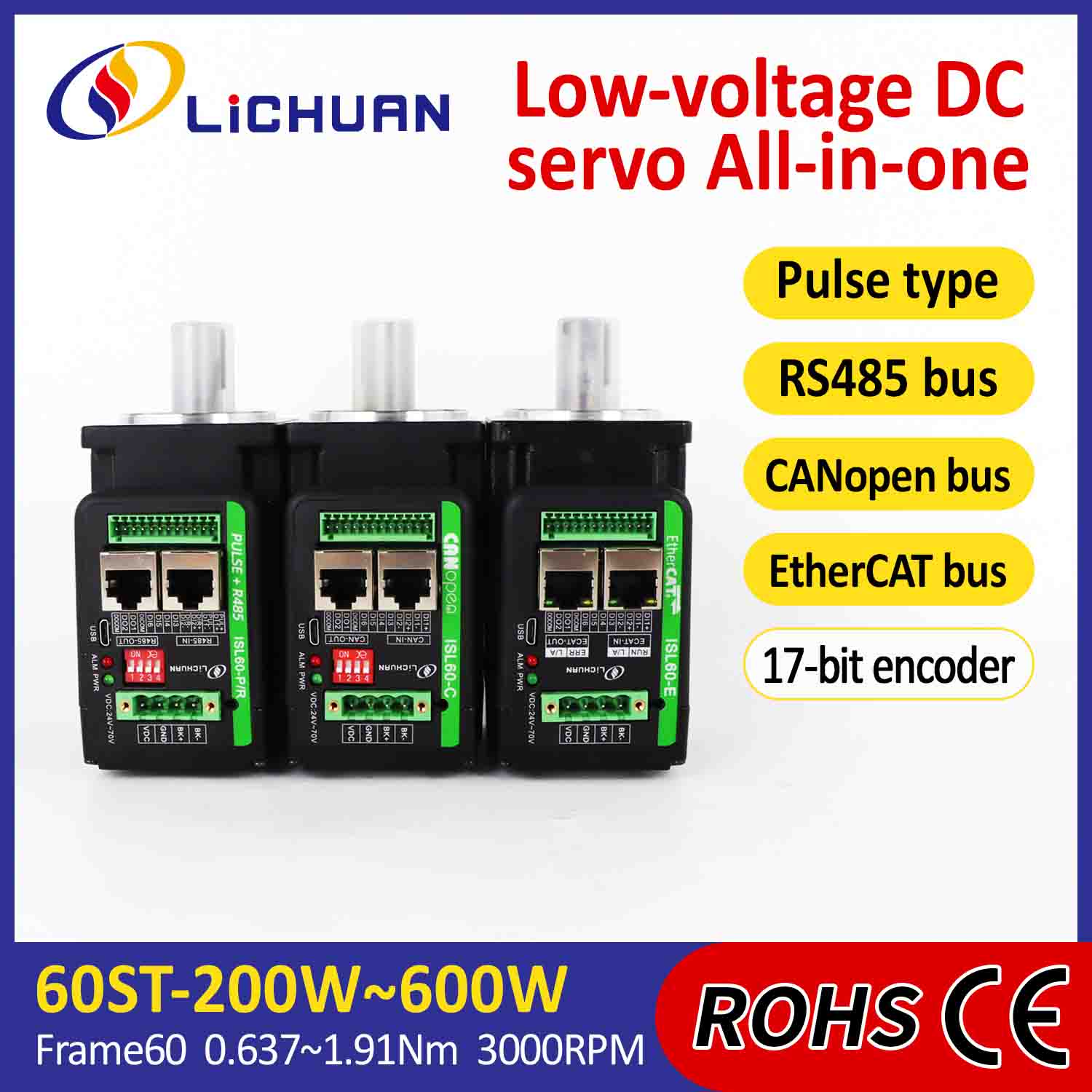 Lichuan integrált szervomotor meghajtó L-alakú 200 W 0,637 N.m DC24/48V 6.0/10/12/15A 3000RPM IP65