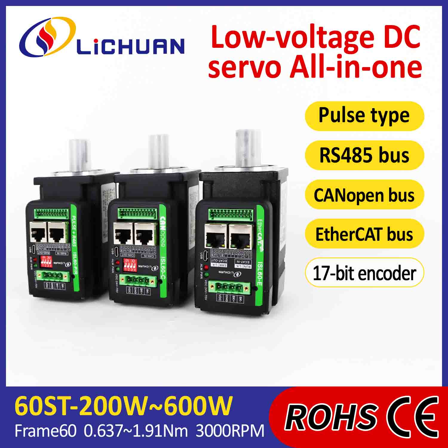 Lichuan integrált szervomotor meghajtó L-alakú 400 W 1,27 N.m DC24/48V 6.0/10/12/15A 3000 RPM IP65