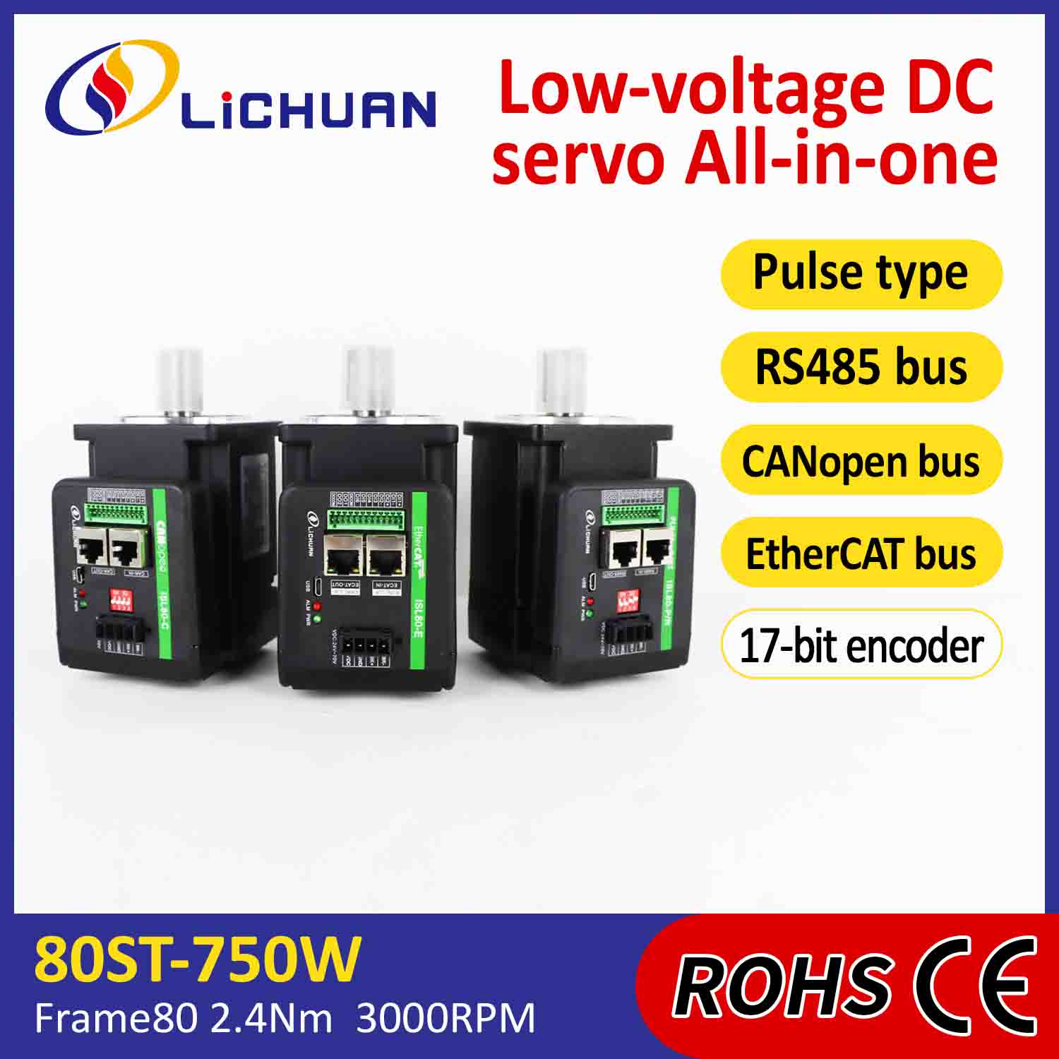 Lichuan integrált szervomotor meghajtó L-alakú 750 W 2,4 N.m DC48V 20A 3000 RPM IP65