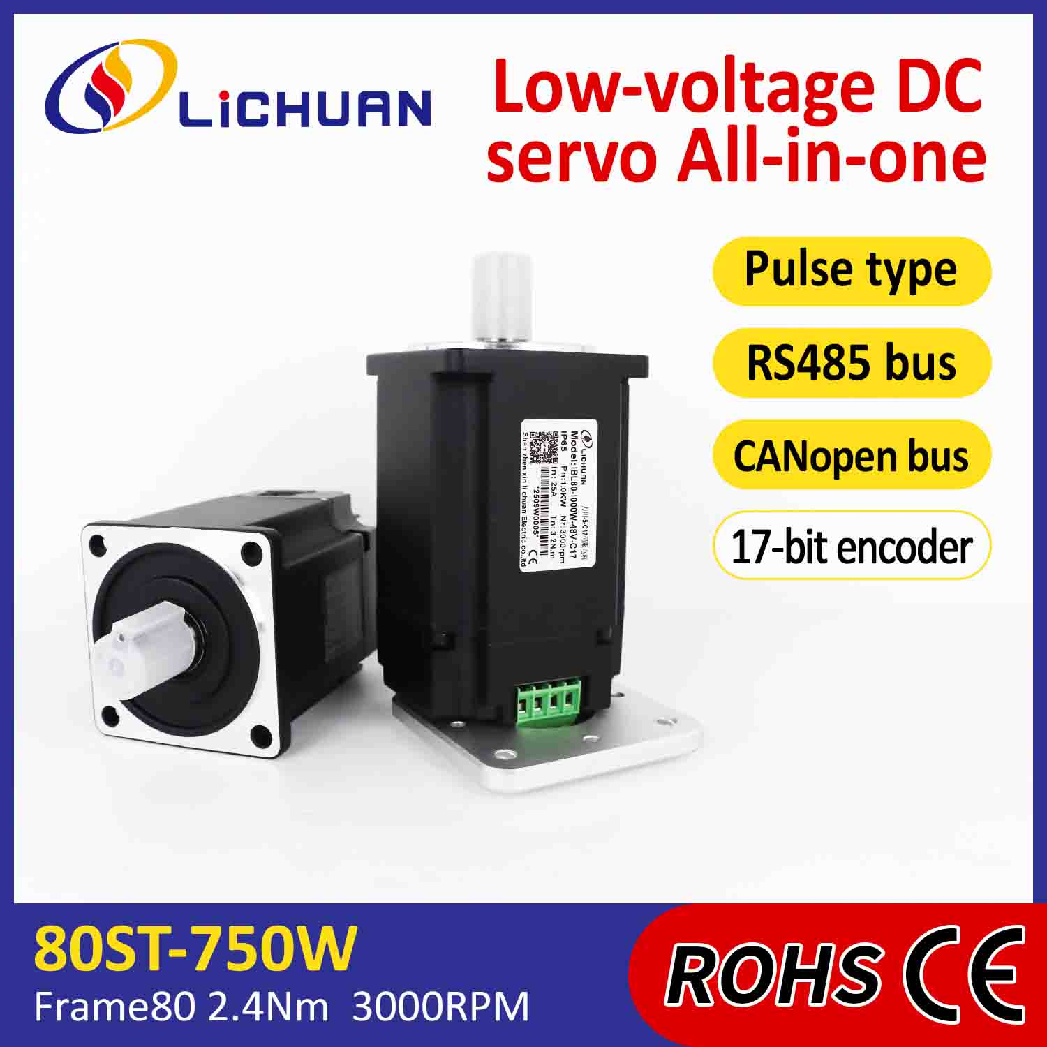 Lichuan integrált szervomotor meghajtó impulzus/RS485/CANopen Control 1000W 3,2N.m DC48V 20/25A 3000RPM IP65